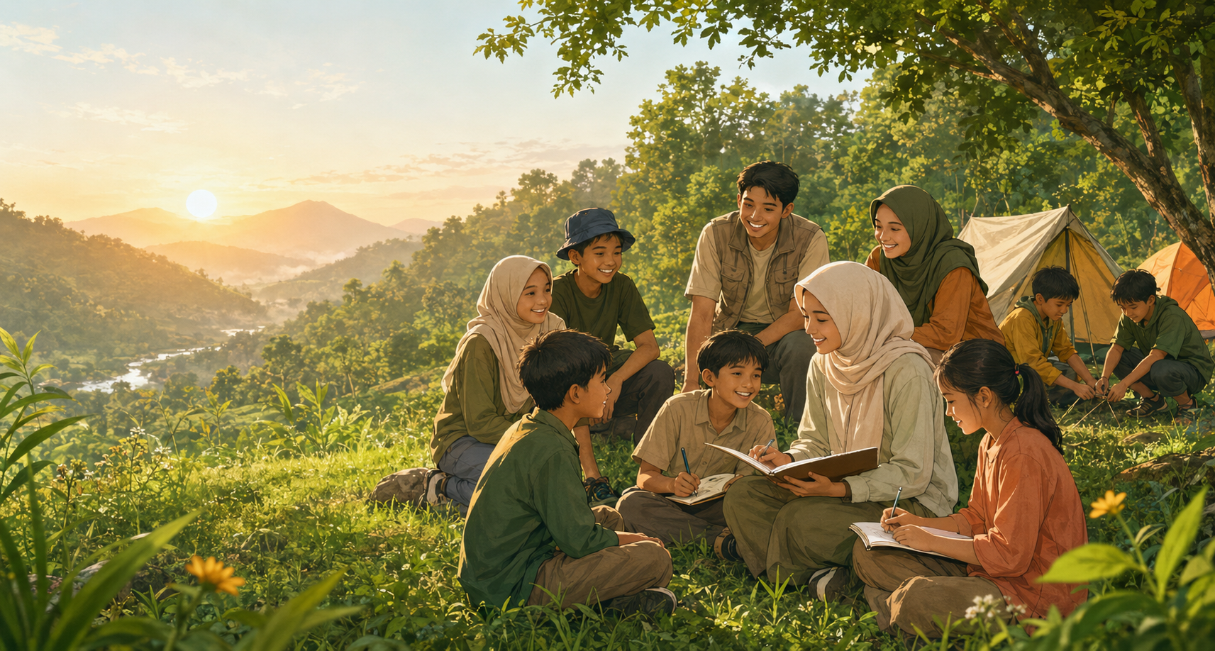 Ilustrasi anak-anak dan relawan belajar bersama di area perkemahan pegunungan